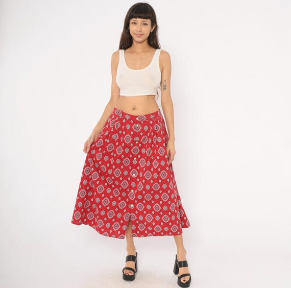 90s Southwestern Skirt Medallion Print Red Cotton Midi Crimson Blue Geometric Folk Prairie Western Rodeo Cowgirl Americana Vintage Large L