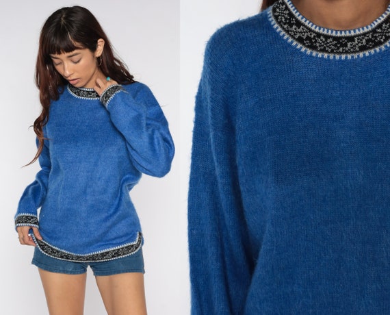 Blue Ringer Sweater 80s Knit Sweater Slouchy Nordic Trim Sweater Pullover Jumper 1980s Vintage Retro Medium
