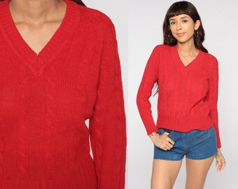 Cable Knit Sweater Red WOOL Sweater 70s Sweater Knit Hipster Boho Pullover Cableknit 1970s Jumper Vintage Small Medium