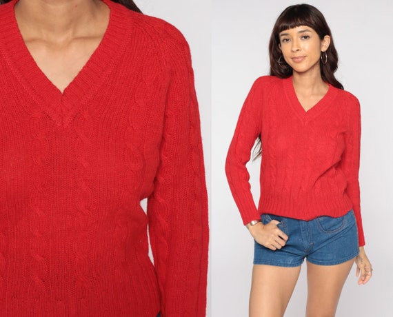 Cable Knit Sweater Red WOOL Sweater 70s Sweater Knit Hipster Boho Pullover Cableknit 1970s Jumper Vintage Small Medium