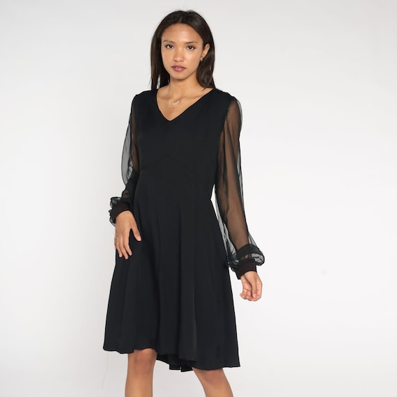 60s Black Mini Dress Chiffon Sleeve Party Mini Cocktail Sheer 1960s Empire Waist LBD Fit and Flare Vintage Long Sleeve Gothic Medium 10