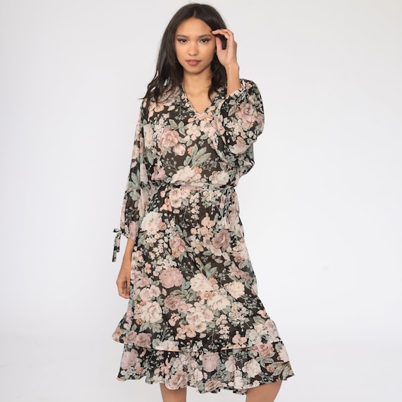 Black Floral Dress 70s Midi Semi-Sheer Pink Bohemian Vintage Boho Hippie High Waisted 1970s Hippie Long Sleeve Large xl l