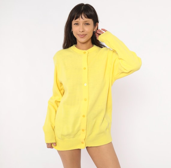 80s Yellow Cardigan Button Front Crew Neck Knit Sweater Long Sleeve Grandpa Style Collegiate Preppy Academic Layering Top Vintage Medium M