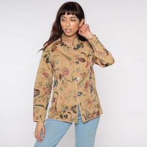 Floral Tapestry Jacket Tan Boho Y2K Hippie Garden Shirt Bohemian Toggle Button Up Mandarin Collar Retro Light Jacket Extra Small XS image 4