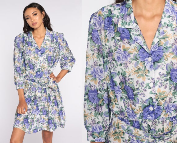80s Floral Dress Purple Rose Mini Dress Puff Sleeve Secretary Shirtdress Button Up Dress Vintage 1980s High Waisted Bohemian Blouson Large