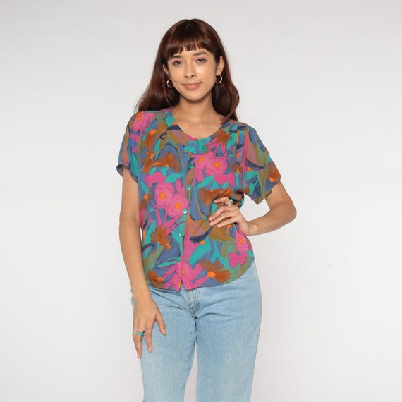 Abstract Floral Blouse Watercolor Y2K Pink Turquoise Button Up Petite Short Sleeve Bold Print Artsy Brushstroke Lightweight Top Medium M 10