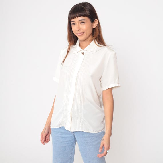 90s White Blouse Pleated Short Sleeve Collared Office Shirt Minimalist Clean Girl Aesthetic Vintage Professional Work Business Top Medium M