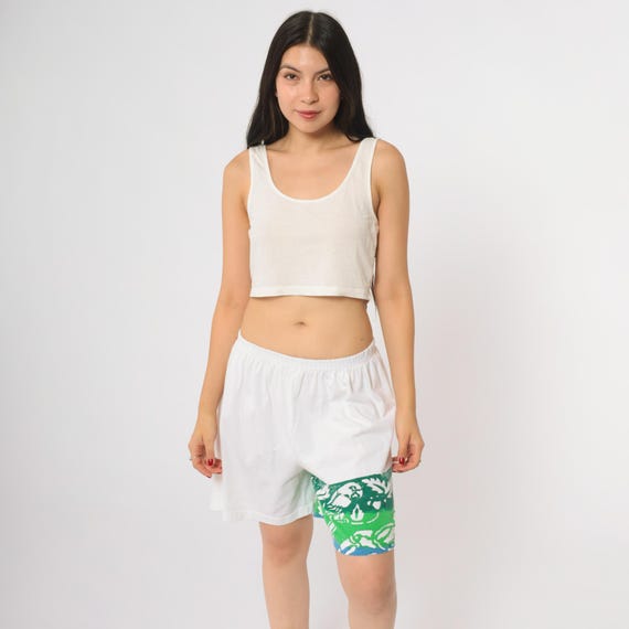 80s Athletic Shorts White Green Leaf Print Running Gym Sports Loungewear Vintage Cotton Sportswear Track Workout Aerobics Fitness Medium M