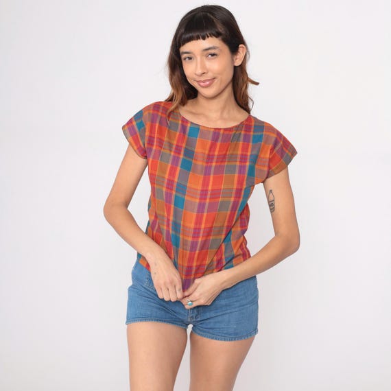 Plaid Colorful Blouse 80s Orange Red Blue Purple Brown Tartan Cap Sleeve Vintage Top Multicolor Pattern Short Sleeve Checkered Nerdy Small S