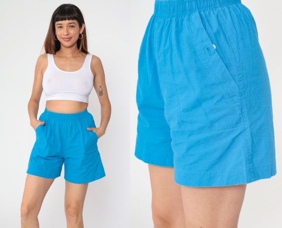 90s Blue Cotton Lounge Shorts Vintage Casual Shorts High Waisted Retro Shorts Vintage 1990s Elastic Waist Plain Pull On Shorts Small S