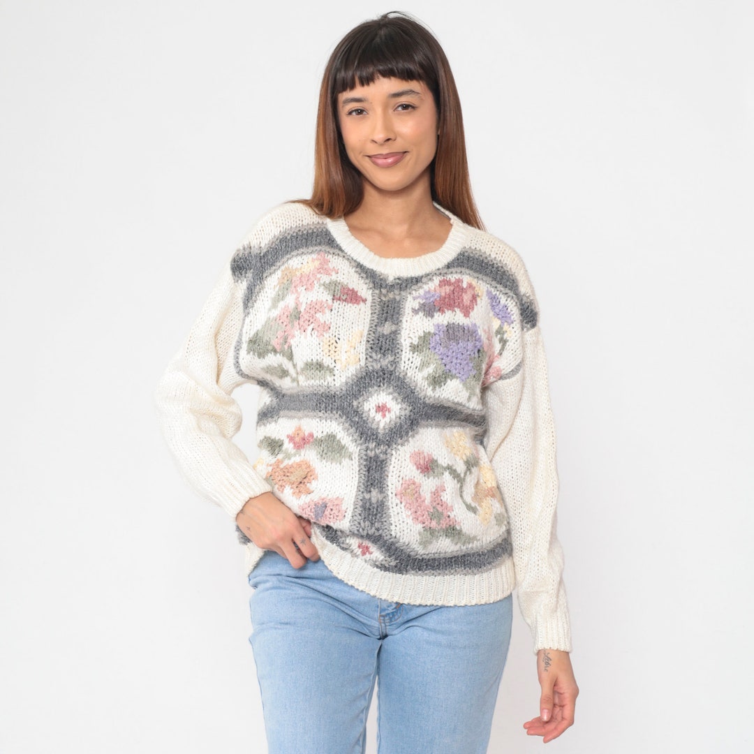 White Floral Sweater 80s Knit Pullover Sweater Boho Flower Print Jumper ...