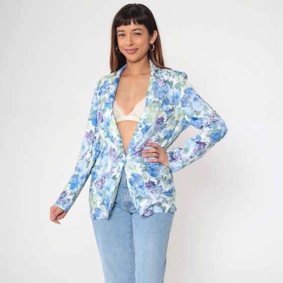 Floral Jacquard Blazer Jacket Blue Summer Jacket 90s Paisley Blazer Deep V Neck Button Up Vintage 1990s Boho Retro Purple White Medium