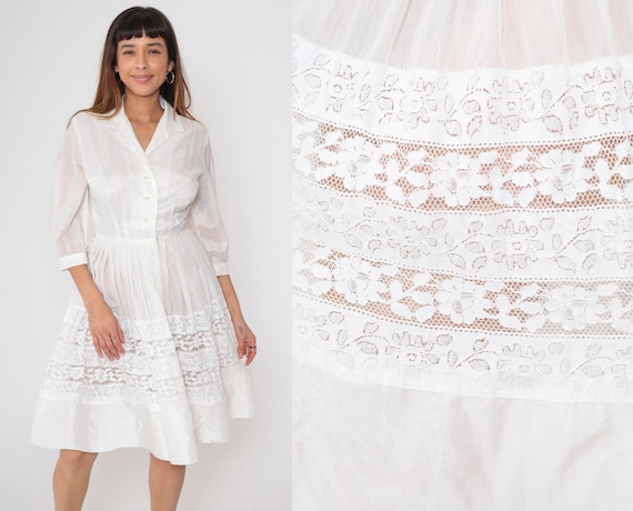 60s White Shirt Dress Lace Insert Pleated Skirt Three-Quarter Sleeve Button-Up Vintage 1960s Midi Length High Waist Romantic Boho Small