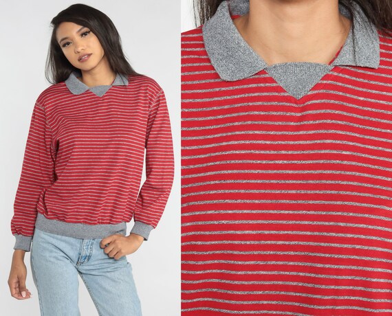 Striped Collared Sweatshirt 80s Red Preppy Sweatshirt Grey Collar Retro Long Sleeve Pullover Shirt Hipster Normcore Vintage 1980s Small