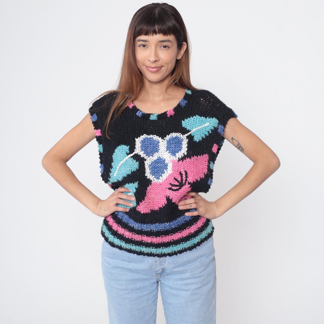 80s Knit Top New Wave Black Hot Pink Floral Electric Blue