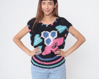 80s Knit Top New Wave Black Hot Pink Floral Electric Blue