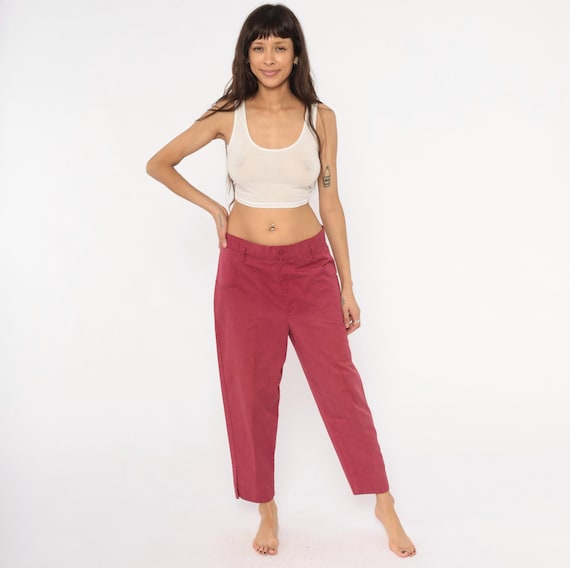 80s Red Trousers Burgundy Barrel Leg Double Take Cotton Tapered Pants Wine Cropped Ankle Relaxed Fit Cranberry Slacks Low Rise Vintage