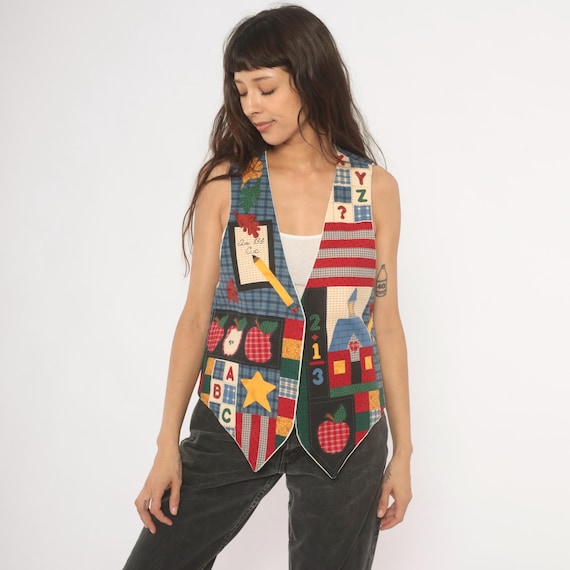 Schoolteacher Patchwork Vest 90s Reversible Hand Painted Impressionist Art Back Quilted Apple ABC Novelty Plaid Cotton Small To Medium S M