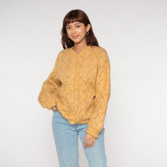 Pointelle Cardigan 70s Mustard Gold Lace Knit Button Up Crystal Buttons Oversized Chunky Fall Autumn Metallic Cottage Core Vintage Large L