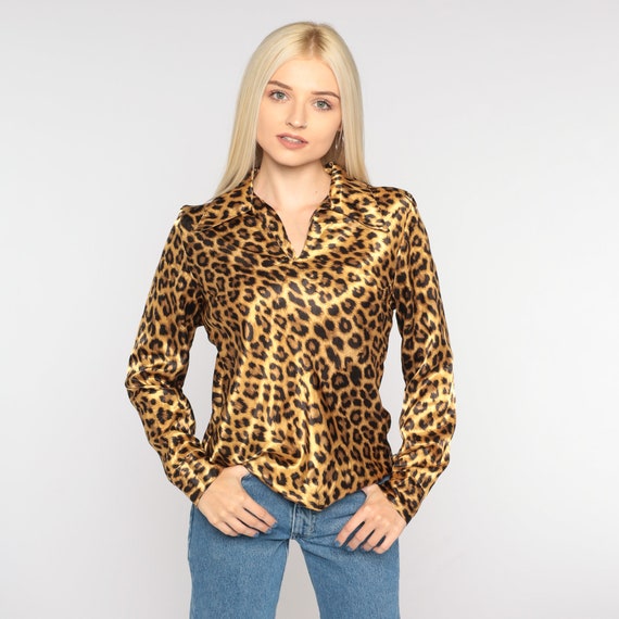 Leopard Print Blouse 90s Animal Print Shirt Pointed Collar Long Sleeve Top Retro Party Glam Cocktail Cheetah Collared Vintage 1990s Small S