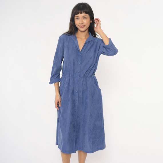 80s Blue Secretary Shirt Dress Long Sleeve Collared Periwinkle Cinched Waist Embroidered Shoulder Office Professional Vintage Large L