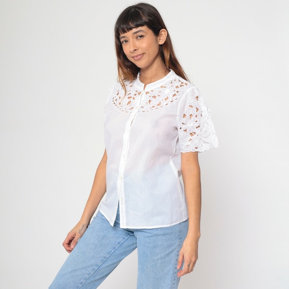 White Cutwork Blouse 90s Embroidered Floral Button Up Shirt Cutout Scalloped Top Semi-Sheer Short Sleeve Button Up Vintage 1990s Large