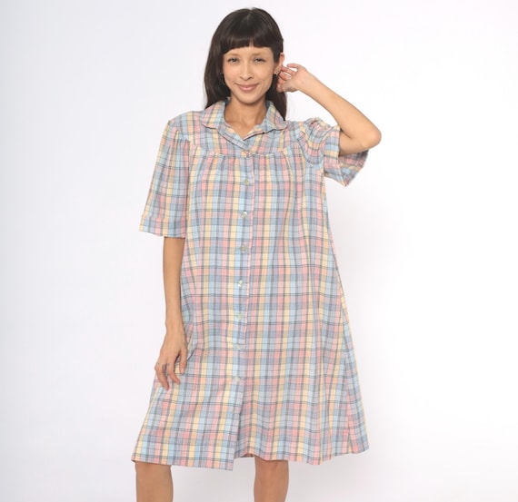Pastel Plaid Housecoat 80s Cotton Shirt Dress Pink Blue Yellow Check Collared Short Sleeve Relaxed Fit Shift Gingham Lounge Vintage Large L