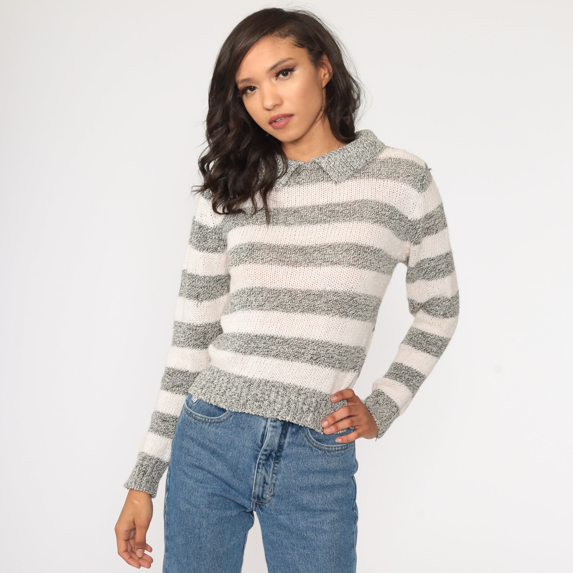 Grey Striped Sweater Collared Off-White Knit 80s Pullover Bohemian ...