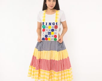 80s Bingo Board Jumper Dress Novelty Cotton Pinafore Tiered Gingham Skirt Straps Yellow Red Navy Plaid Colorful Vintage Medium To Large M L