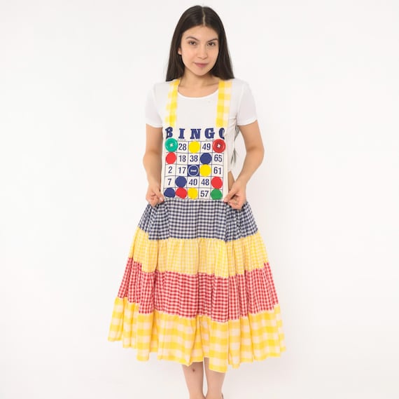80s Bingo Board Jumper Dress Novelty Cotton Pinafore Tiered Gingham Skirt Straps Yellow Red Navy Plaid Colorful Vintage Medium To Large M L