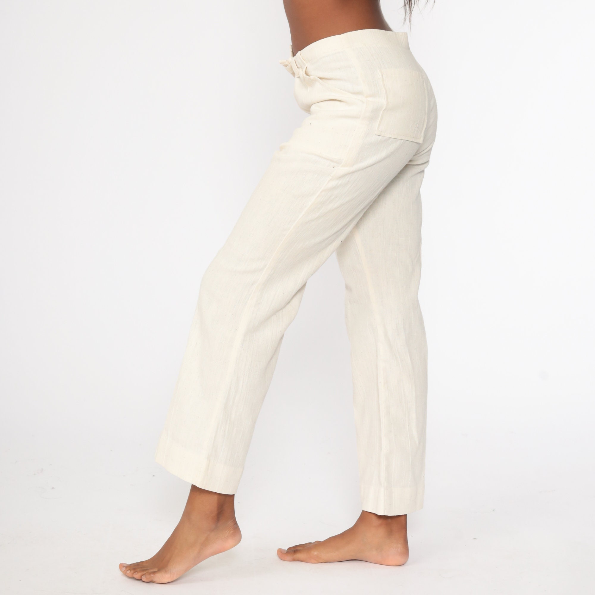 Bell Bottoms Pants 70s Off-White Cotton Drawstring Waist Bellbottom ...