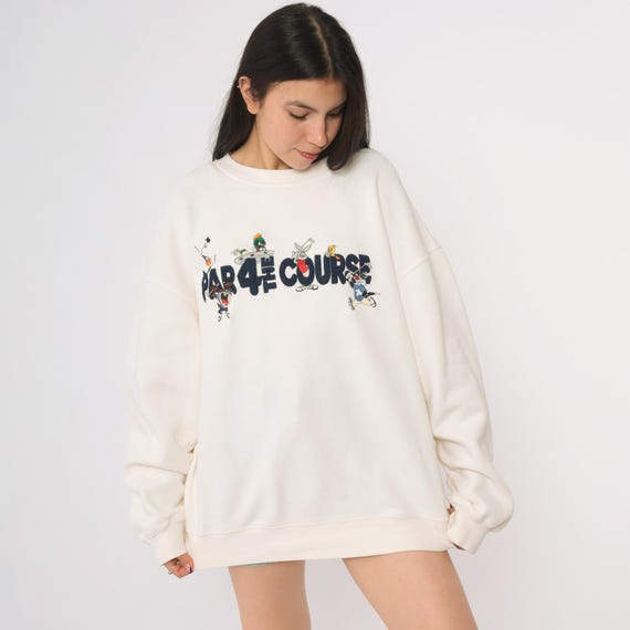 Looney Tunes Sweatshirt Vintage 90s Warner Bros Par 4 Course Golf Cartoon Character Oversized Cream White Pullover Bugs Bunny Extra Large XL