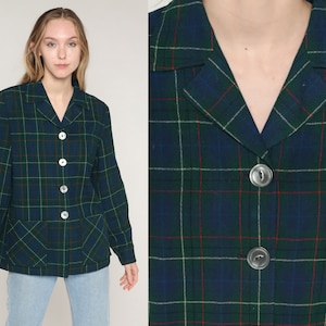 Blue Plaid Jacket Y2k Green Pendleton Wool Button Up Blazer Retro Checkered Print Collared Coat Basic Fall Collar Vintage 00s Small S