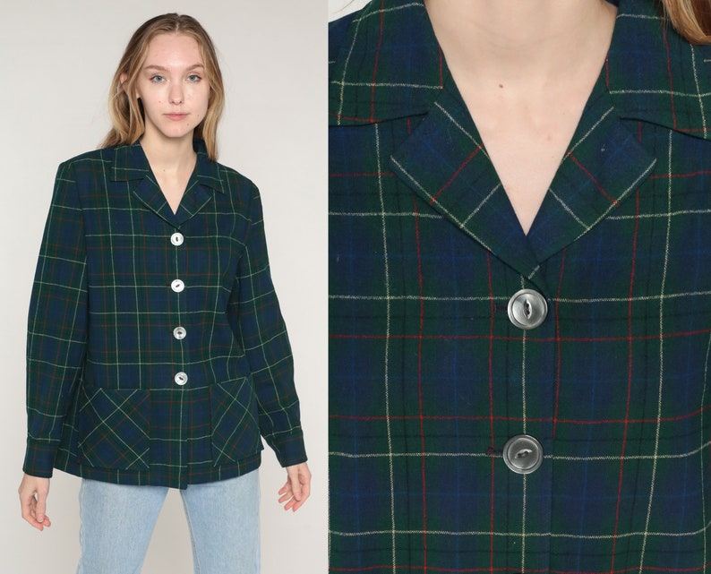 Blue Plaid Jacket Y2k Green Pendleton Wool Button Up Blazer Retro Checkered Print Collared Coat Basic Fall Collar Vintage 00s Small S image 1