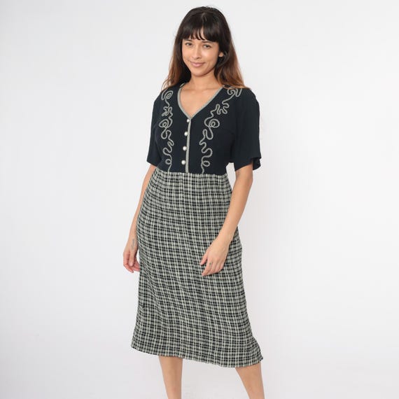 90s Black Plaid Dress Midi Checkered Print High Waist 1990s Vintage Short Sleeve Button Up Shirtdress Soutache V Neck 16 Extra Large xl