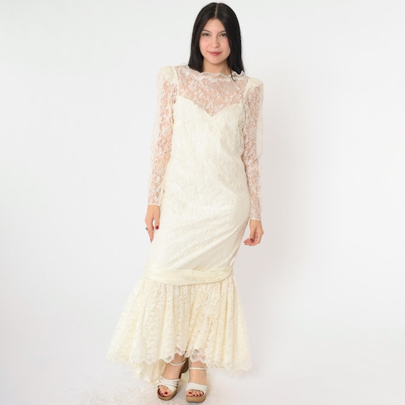 Vintage 80s Wedding Dress Off-White Lace Maxi Gown Sheer Puff Sleeve Mermaid Hem Sweetheart Neckline Bow Bridal Gown 1980s Small S