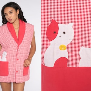 80s Cat Vest Vest Red Gingham Vest 1980s Animal Vest Vintage Novelty Print Button Up Checkered Shirt Quilted Extra Large xl