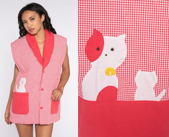 80s Cat Vest Vest Red Gingham Vest 1980s Animal Vest Vintage Novelty Print Button Up Checkered Shirt Quilted Extra Large xl