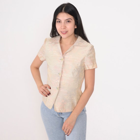Pastel Watercolor Top Y2K Button up Blouse Abstract Floral Print Shirt Short Sleeve Collared V Neck Boho Hippie Bohemian Vintage 00s Small S