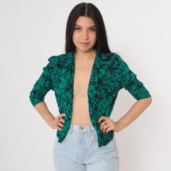 Vintage Open Front Floral Blouse 80s Puff Sleeve Abstract Green Black Draped Rayon Top 1980s Lightweight Layering Shirt Small S