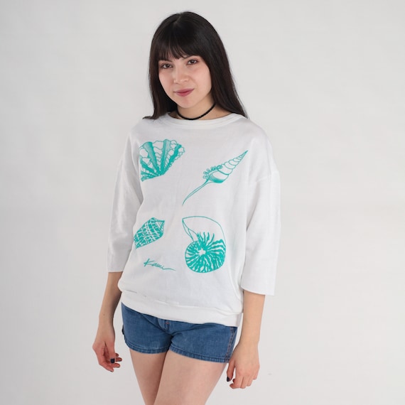 Seashell Sweatshirt 80s Kauai Hawaii Sweatshirt Beach Ocean Sea Graphic Shirt Retro 3/4 Sleeve Vintage 1980s Hawaiian Cotton company Small S