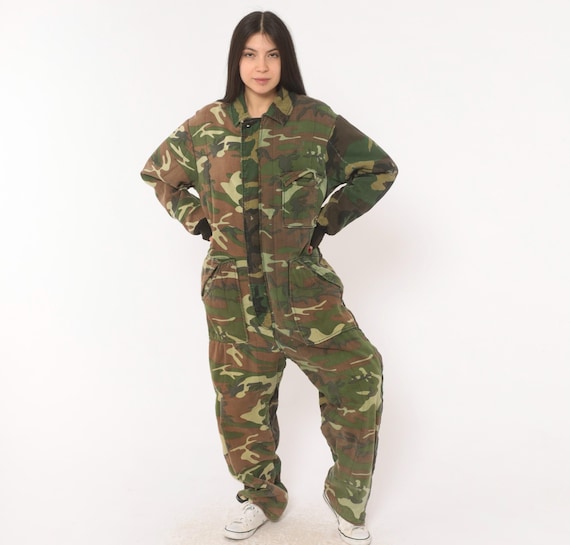 Camo Coveralls 90s Military Jumpsuit Woodland Camouflage One Piece Zip Front Utility Flight Suit Army Green  Workwear Vintage Medium Large