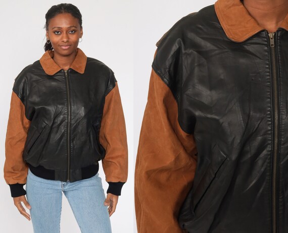 Leather Bomber Jacket Black + Brown Leather Biker