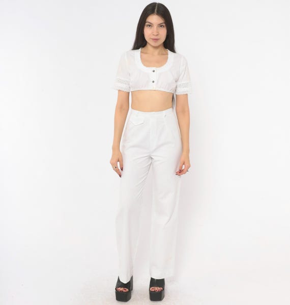 80s White Trouser High Waist Straight Leg Pants Button Tab Waistband Belt Loops Cream Slacks Vintage Neutral Minimal Summer Extra Small XS