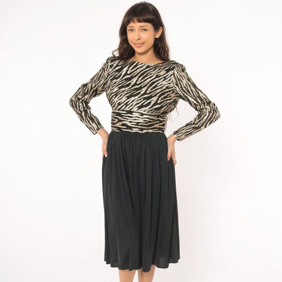 Gold Zebra Metallic Dress 80s Animal Print Long Sleeve Black Midi Gathered Waist Boat Neck Party Evening Cocktail Glitter Shimmer Medium M