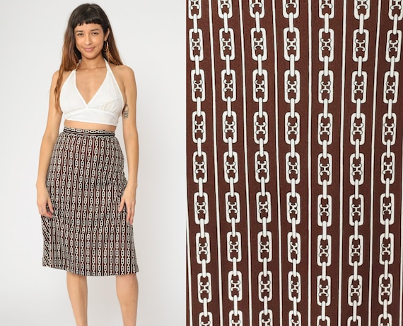 60s Midi Skirt Brown Chain Print A-Line Skirt Retro High Waisted Mad Men Flared Skirt Casual Simple Vintage 1960s Small