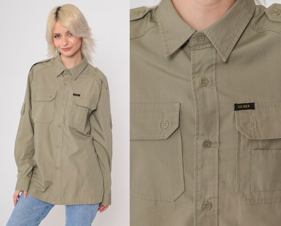 90s Utility Shirt Khaki Military Style Long Sleeve Shirt Boyfriend Button Up Shirt Vintage 1990s Epaulette Chest Pocket Men's Medium