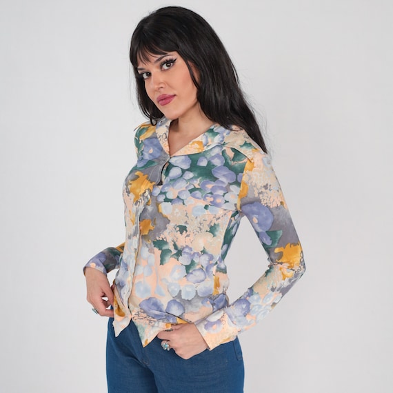 Watercolor Floral Top 70s Dagger Collar Button up Blouse Bohemian Long Sleeve Shirt Flower Print Retro Hippie Purple Green Vintage 1970s XS