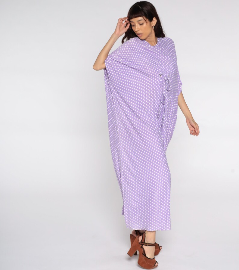 Hippie Caftan Dress 70s Maxi Boho Tent Purple Polka Dot Cocoon Dress 1970s Kimono Sleeve Bohemian Vintage Festival Small Medium Large xl image 4