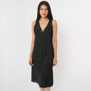 Black Jacquard Slip Dress 90s Barbizon Lingerie Midi Dress Lace Trim Floral Chemise Deep V Neck Nightie Sexy Vintage 1990s Small 34